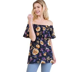 UMGEE   NWT  Off The Shoulder Floral Print Top, Navy